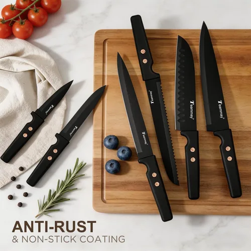 Miniatura 4 de Juego de cuchillos de cocina de 12 piezas, cuchillos de acero inoxidable con revestimiento antiadherente, apto para lavavajillas, juego de cuchillos