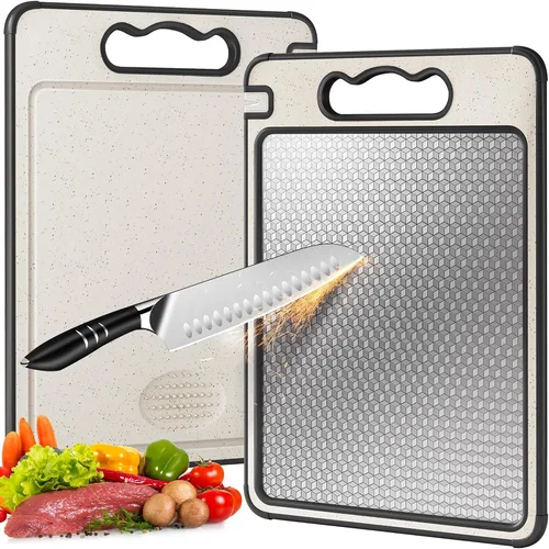 Miniatura 12 de LOZOVIN Tabla de cortar de paja de titanio y trigo GR1 de doble cara, tabla de cortar de 15 x 10 pulgadas para cocina, tabla de cortar no tóxica Gris