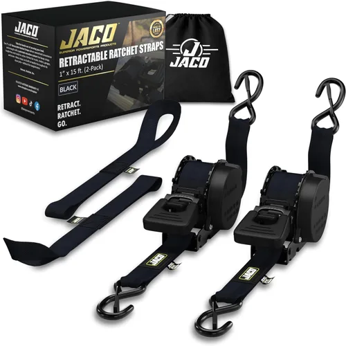 JACO Correas de trinquete retráctiles, 1 pulgada x 15 pies (paquete de 2) (resistencia a la rotura de 1,760 libras) | Juego de correas de amarre de