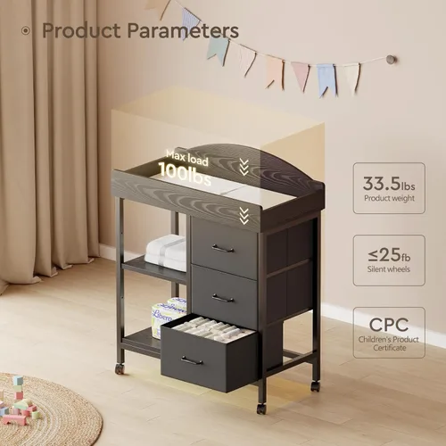 Miniatura 6 de YeTom Mesa Cambiador Cómoda, Cómoda para Bebé con 3 Cajones de Tela y 2 Estantes, Mesa Cambiador Multifuncional para Bebé con Almohadilla, Cómoda