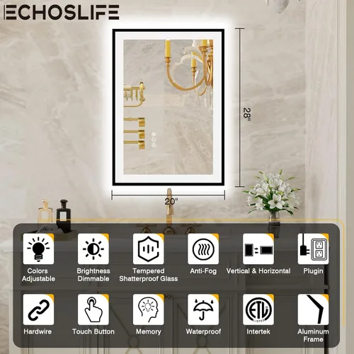 Miniatura 2 de EchosLife Espejos de baño LED de 20 x 28 pulgadas para pared, marco de aluminio negro (frontal y retroiluminado), espejo de tocador antivaho