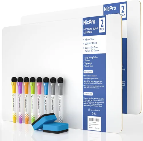 Miniatura 11 de Nicpro Pizarra de borrado en seco de regazo 9 x 12 pulgadas, paquete de 2 pizarras para niños con doble cara, pequeña, rayada y en blanco, con 8