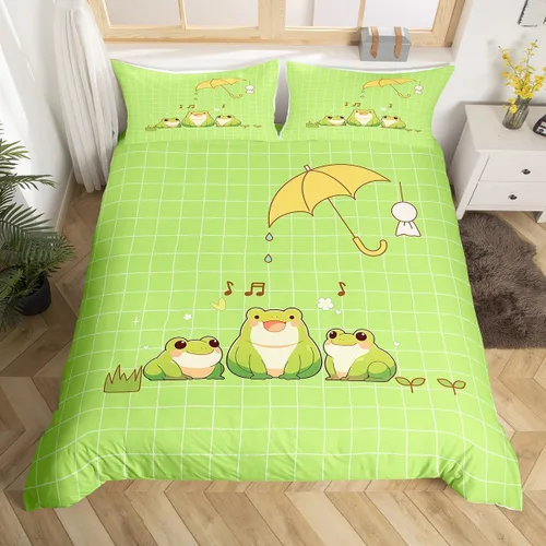 Castle Fairy Juego de ropa de cama con diseño de rana, tamaño individual, funda de edredón de animales verdes de dibujos animados para niños y