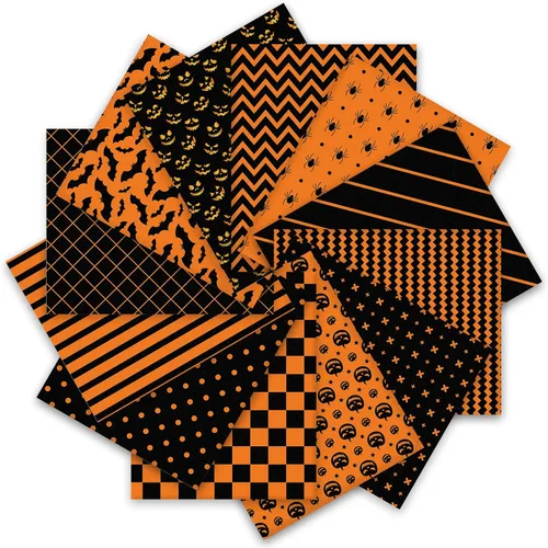Whaline 12 paquetes de tela de algodón de Halloween de 10 x 10 pulgadas, araña, calabaza, murciélago, rayas, cuadros, cuadrados, naranja y negro,