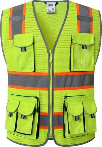 Miniatura 6 de JKSafety Chaleco de seguridad con 10 bolsillos, clase 2, de alta visibilidad, con cremallera frontal amarilla, con tiras reflectantes, cumple