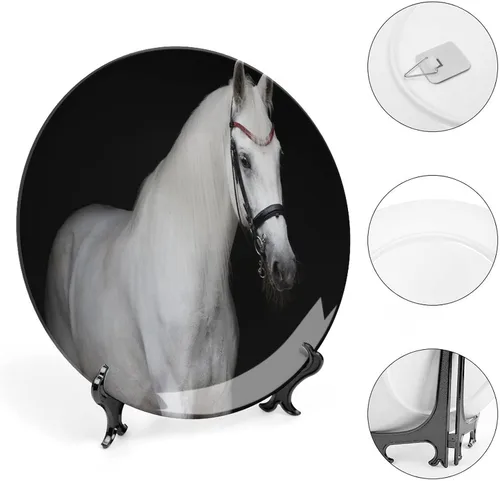 Miniatura 4 de Plato decorativo de 6 pulgadas, plato de porcelana de caballo, caballo blanco sobre fondo negro, placa de exhibición de cerámica para adornos