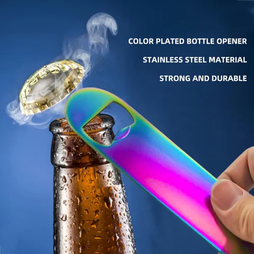 Miniatura 3 de Abrebotellas plano de acero inoxidable de color arcoíris, resistente y duradero, 2 piezas para enviar a amigos, adecuado para bares, camareros