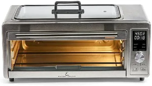 Emeril Power Grill 360, horno tostador de convección 6 en 1 con parrilla superior interior, freír al aire, asar, tostar, hornear, deshidratar, tapa