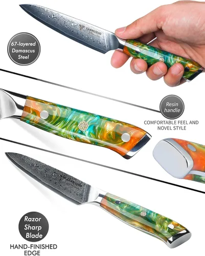 Miniatura 2 de Cuchillo utilitario de cocina de 5 pulgadas, cuchillos de cocina de la serie Xuan, acero de damasco VG10 con mango de resina (naranja fantasía)