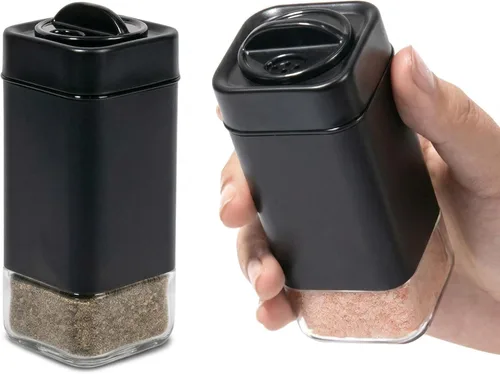 Salero y pimientero negro de Aelga, juego de salero de vidrio con agujeros ajustables, ideal para pimienta negra, kosher y del Himalaya
