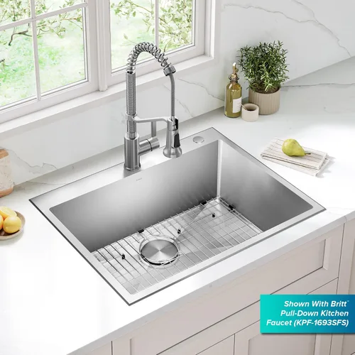 Miniatura 2 de KRAUS Standart PRO KHT300-28 - Fregadero de cocina de acero inoxidable de 28 pulgadas, calibre 16, cuenco individual de 2 agujeros, de acero