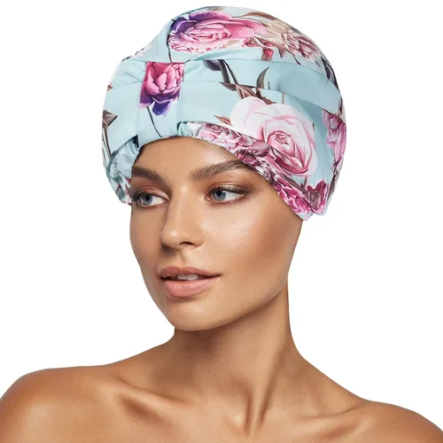 Miniatura 12 de INNELO Gorro de ducha de lujo para mujeres, reutilizable, impermeable, gorro de ducha de doble capa con correa elástica ajustable, gorro de baño