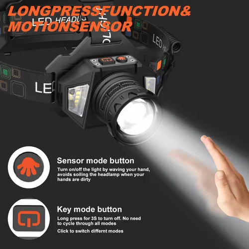 Miniatura 2 de Linterna frontal LED recargable, 3000 lúmenes, potencia de batería, 9 modos, batería de larga duración de 72 horas, sensor de movimiento, luz roja