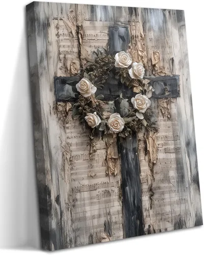 Arte de pared cristiano con cruz vintage, pinturas en lienzo de corona de rosas blancas, impresiones, pósters, decoración de pared, partitura