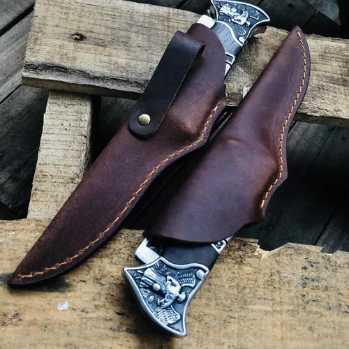Miniatura 4 de MADSABRE Cuchillo de cabaña semi plegable grande de 12.7 pulgadas con hoja de 7.9 pulgadas de largo, mango de madera con patrón de relieve 3D