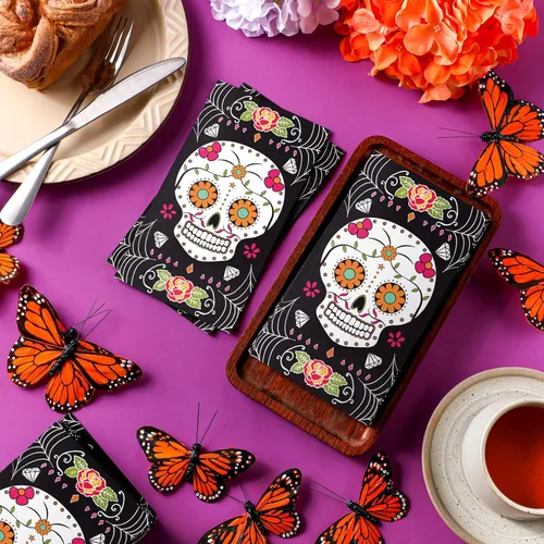 Miniatura 3 de Karenhi 200 servilletas para invitados del Día de los Muertos, 2 capas, diseño de calavera de azúcar, desechables, toallas de mano para baño