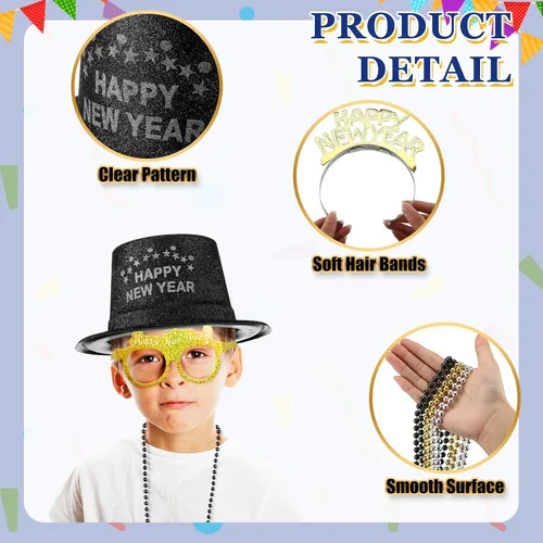Miniatura 3 de Silipull 192 piezas de suministros de fiesta de Nochevieja 2026 para 48 invitados – Gorros Top Tiaras, Diademas, gafas, collar de cuentas, cuernos