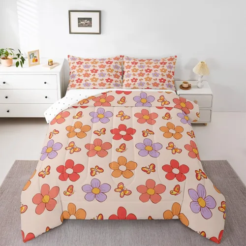 Groovy - Juego de ropa de cama de flores tamaño individual, color morado y rosa, para niñas, bonito edredón de mariposa, color naranja y rojo