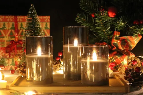 Miniatura 2 de GenSwin - Velas LED sin llama de cristal gris que funcionan con batería, con temporizador y control remoto de 10 teclas, velas de cera real de luz