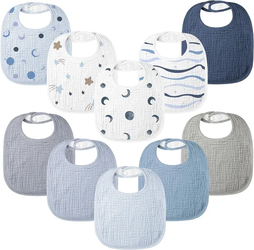 Miniatura 11 de Paquete de 10 baberos para bebés de muselina de algodón 100%, baberos para babeo para bebés unisex, niños pequeños, infantes, recién nacidos