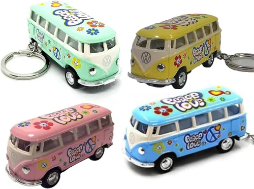 KiNSMART 1962 Volkswagen Classic Hippie Love & Peace Bus 1:64 Escala 2.5 pulgadas, llavero modelo de metal fundido a presión, acción de retroceso