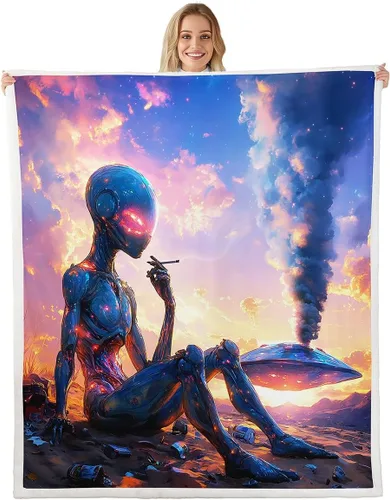 Miniatura 30 de Manta de franela de alienígena, misteriosa nave espacial estrellada con purpurina y planetas de cielo para decoración de habitaciones, manta