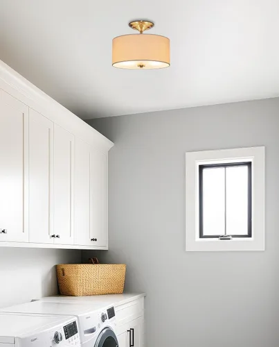 Miniatura 7 de Kira Home Addison - Lámpara de techo de 13 pulgadas con pantalla de tambor de tela blanca rota, 2 luces de techo, acabado de latón frío