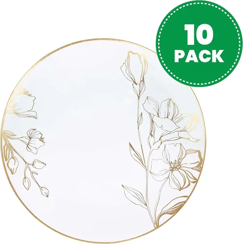 Miniatura 2 de [Platos de 10 pulgadas, 10 unidades] Platos de cena de fiesta de diseño floral de plástico blanco con borde dorado, vajilla desechable elegante