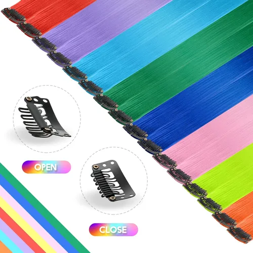 Miniatura 3 de FESHFEN Extensiones de cabello con clip de colores, 16 piezas de 8 colores resaltados, piezas de cabello sintético lacio con clip para mujer, 22