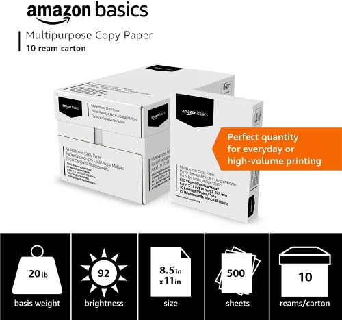 Miniatura 3 de Amazon Basics Papel multiusos para copiadora e impresora, 20 lb, 8.5 x 11 pulgadas, 10 resmas (5,000 hojas), 92 de brillo, blanco