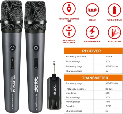 Miniatura 3 de El micrófono inalámbrico platino para entrada de micrófono UHF Metal Dynamic Handheld Micrófono multiusos con receptor recargable Rango de 160 pies
