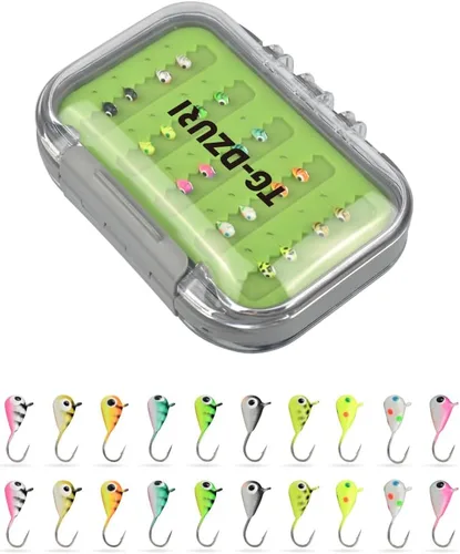 Miniatura 8 de Kit de Jigs de Pesca en Hielo de Tungsteno, 3.2/4/5mm Gota Lágrima que Brillan en la Oscuridad Señuelos Jigs de Pesca en Hielo con Caja de Jigs