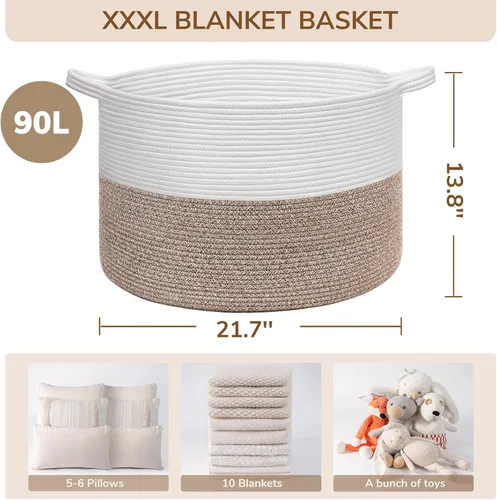 Miniatura 7 de INDRESSME Cesta de Cuerda de Algodón XXXLarge 21.7" x 21.7" x 13.8" Cestas Tejidas para Ropa de Bebé Cestas de Mantas Cesta de Juguetes con Textura