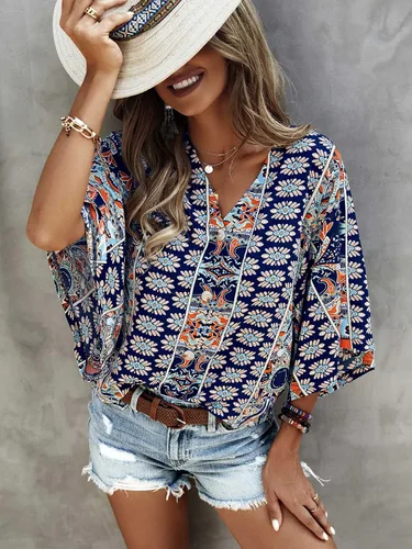 Miniatura 5 de SOLY HUX Women's Boho Print V Neck 34 Bell Sleeve Button Front Summer Blouse Top
