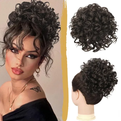 Miniatura 16 de PEACOCO Extensión de Cola de Caballo Corta y Rizada Moño Desordenado con Cordón Elástico Moño de Cabello Suelto para Mujeres con Cabello Delgado