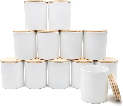 Miniatura 47 de SHOWIN Tarros de vela gruesos de 14 OZ para hacer velas 12 Piezas, tarros vacíos de 3 mechas con tapas de madera para hacer velas, recipiente
