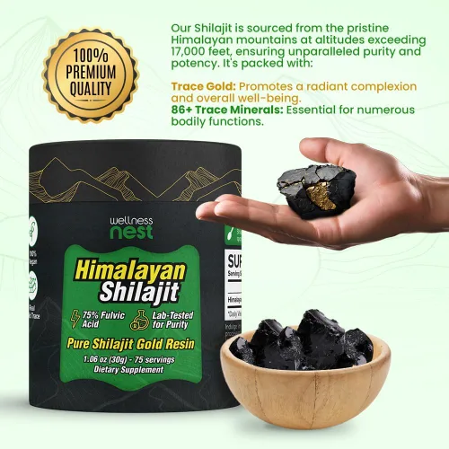 Miniatura 4 de Wellness Nest Resina de Shilajit Puro del Himalaya de Grado Oro: Potencia Máxima para Hombres y Mujeres - Oro 24k, Ácido Fúlvico +75%, Informe