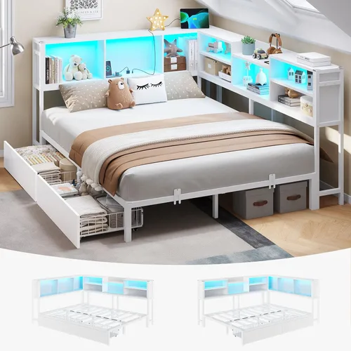 Miniatura 11 de DICTAC Marco de cama esquinero tamaño individual con almacenamiento y luces LED, plataforma de metal con 2 cajones y estación de carga, cama