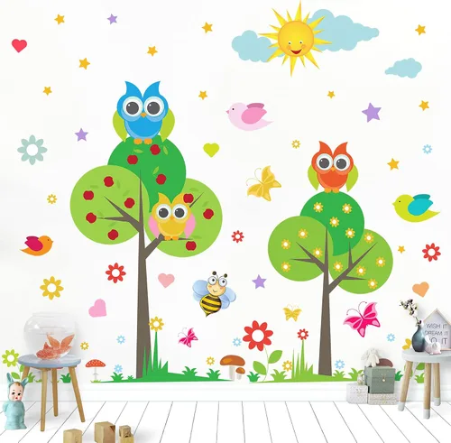 Miniatura 5 de Calcomanía de pared de animales para niños, diseño de flores, pájaros, mariposas, bricolaje, extraíble, despegar y pegar, decoración de árbol verde