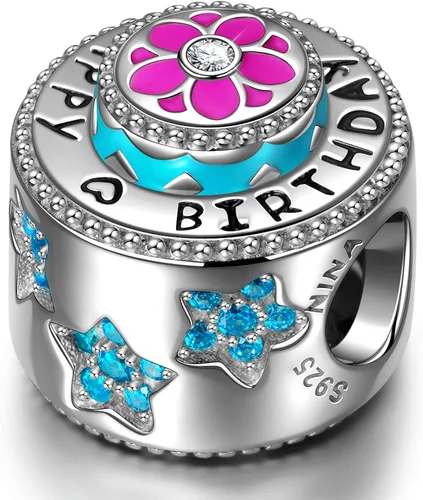 NINAQUEEN Happy Birthday - Dijes de plata de ley 925 para regalo de Navidad circonita cúbica 5A y esmalte aplicado a mano caja de joyería incluida