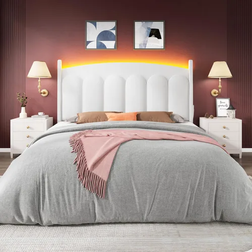 Miniatura 3 de CypBed Base de cama de tamaño matrimonial con luces LED de cabecero, cama matrimonial tapizada de terciopelo, cama matrimonial con plataforma