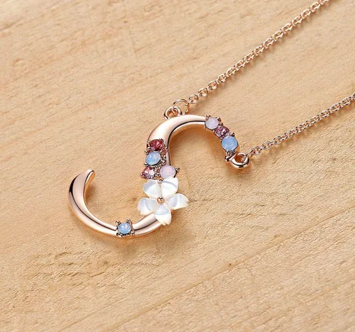 Miniatura 2 de Collar Gemmance de flor, con inicial, de amatista, rosa, rubí rojo, ópalo azul, perla sintética, con nombre, de joyería, hecha con cristales