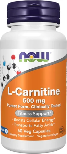 NOW Suplementos, L-carnitina 500 mg, forma más pura, aminoácidos, soporte de fitness*, 60 cápsulas vegetales