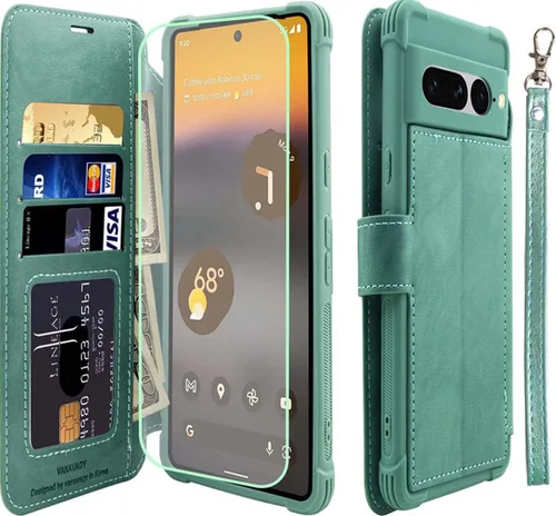 VANAVAGY Funda tipo cartera para Google Pixel 7 Pro con soporte para tarjetas de bloqueo RFID, funda de piel sintética con correa para carga Verde