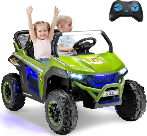 Miniatura 13 de OLAKIDS Vehículo eléctrico de 2 plazas para niños, UTV de 12 V con control remoto, suspensión de resorte, arranque suave, música Bluetooth FM