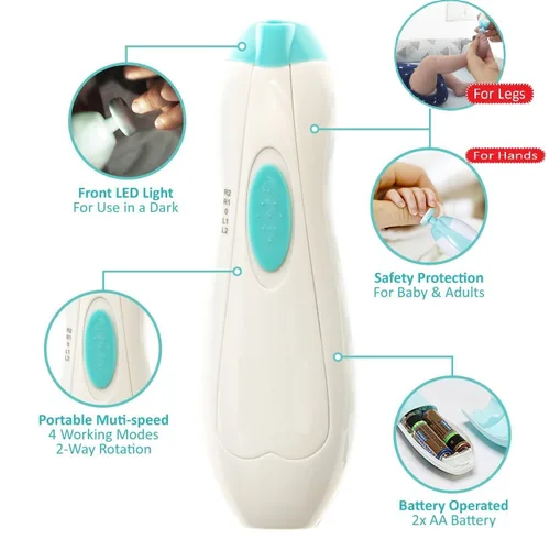 Miniatura 4 de Safe - Lima de uñas eléctrica para bebés, cortador de uñas para recién nacidos, niños pequeños con luz LED, azul claro y verde