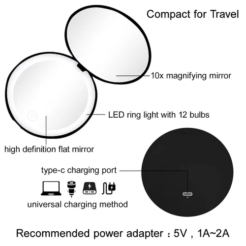 Miniatura 4 de Espejo compacto con luz LED, espejo recargable con aumento 1x/10x, 3.5 pulgadas, espejo de viaje regulable para bolso, bolsillo, espejo de Negro