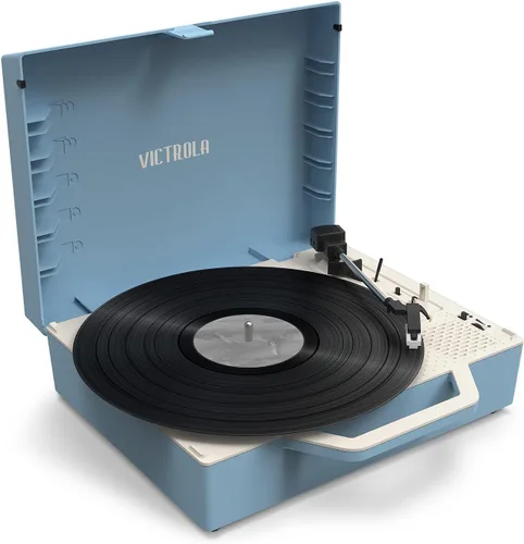 Miniatura 10 de Victrola Re-Spin Reproductor de discos de vinilo, maleta, sostenible, 3 velocidades (33 1/3, 45 y 78 RPM), Bluetooth, correa, radiador de graves