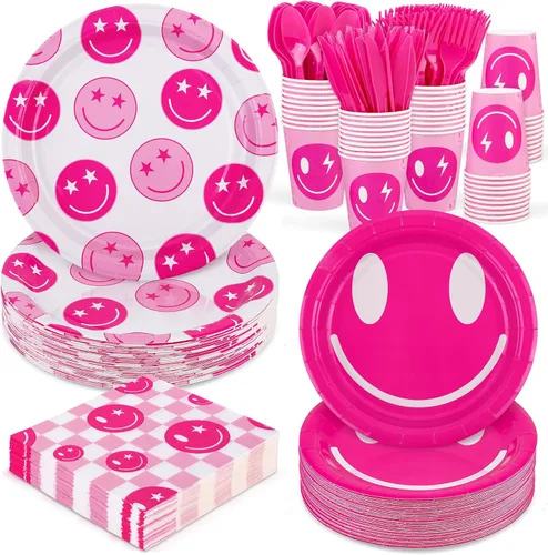 Durony 350 Piezas Decoraciones de Cumpleaños Preppy Suministros de Fiesta Disco Cowgirl para 50 Invitados Platos de Papel Sonrisa Cara Rosa, Copa,