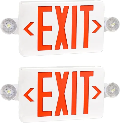 Señal de salida LED rojo con luces de emergencia, dos luces de salida de emergencia de cabeza ajustable con batería de respaldo, lámpara LED dual